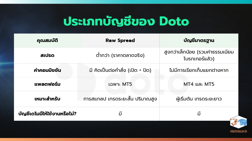 เปรียบเทียบประเภทบัญชี Raw และ Standard ของ Doto