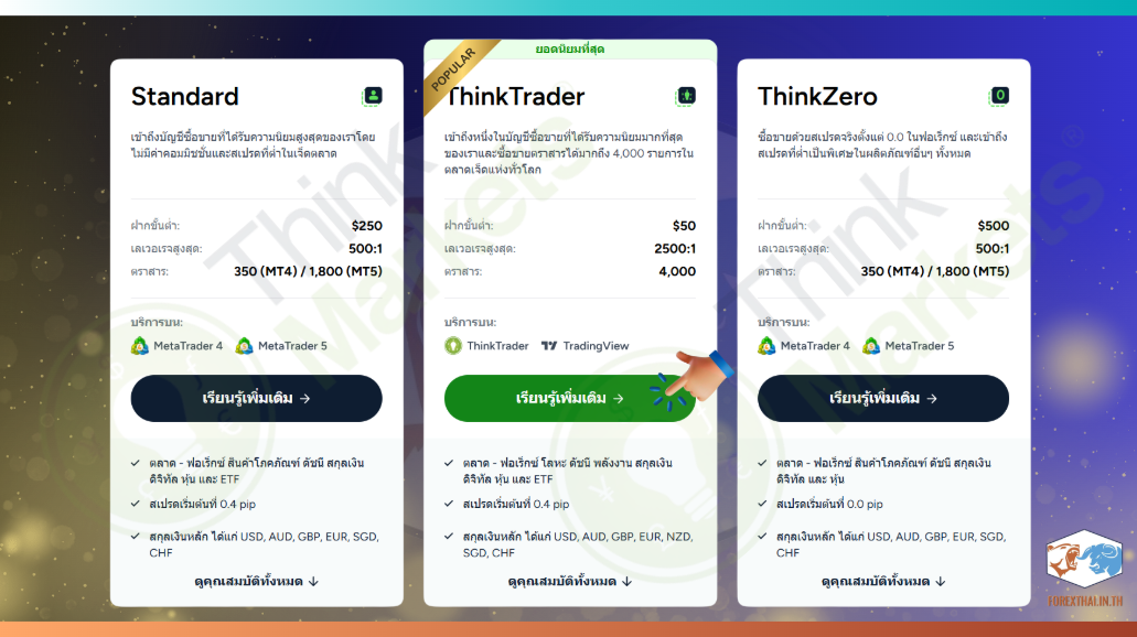 ตารางเปรียบเทียบเงื่อนไขบัญชี Standard, ThinkTrader และ ThinkZero